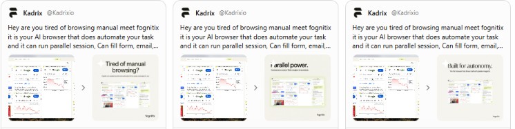 Kadrix X (Twitter) ad creative carousel showing three variations of the launch tweet