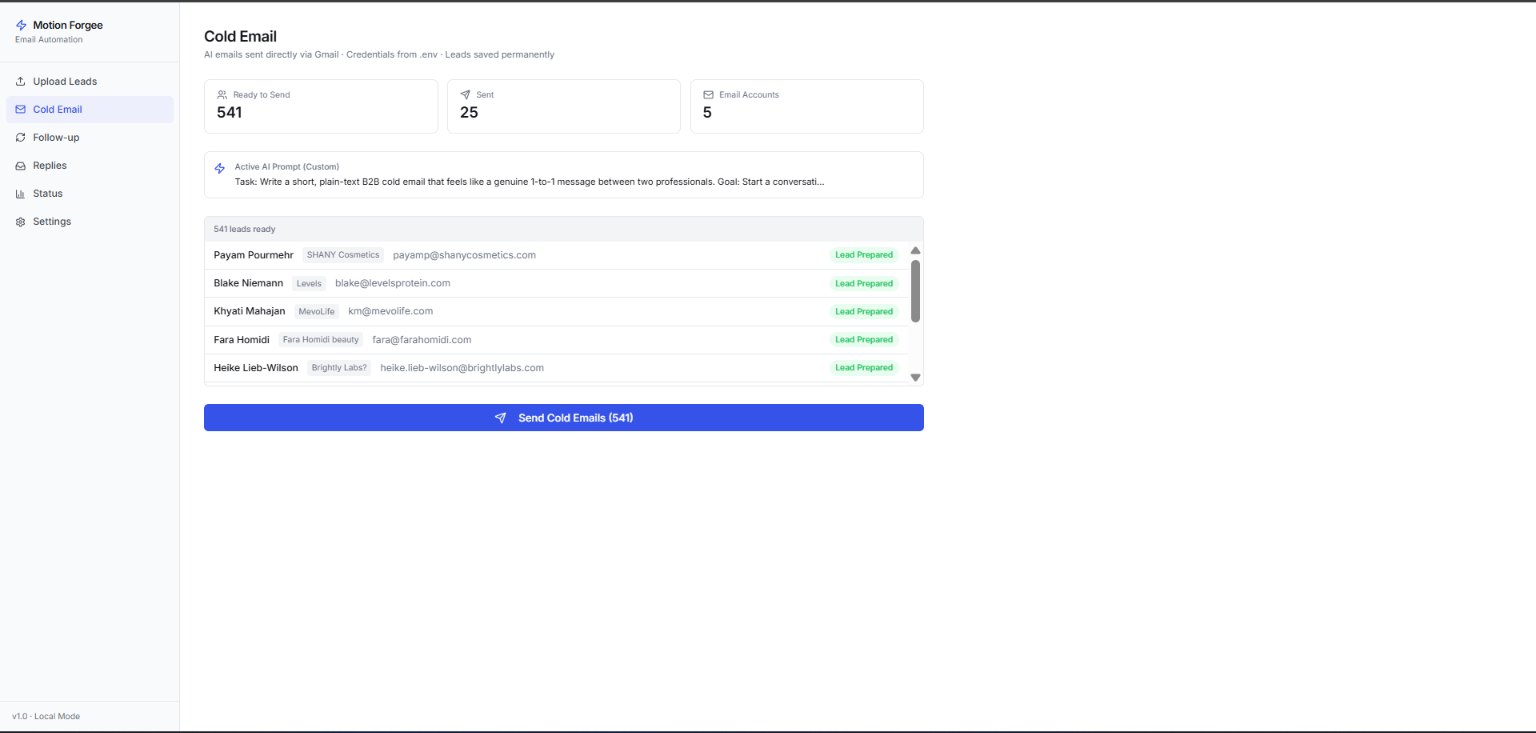 Motion Forgee cold email queue with AI-drafted messages ready to send