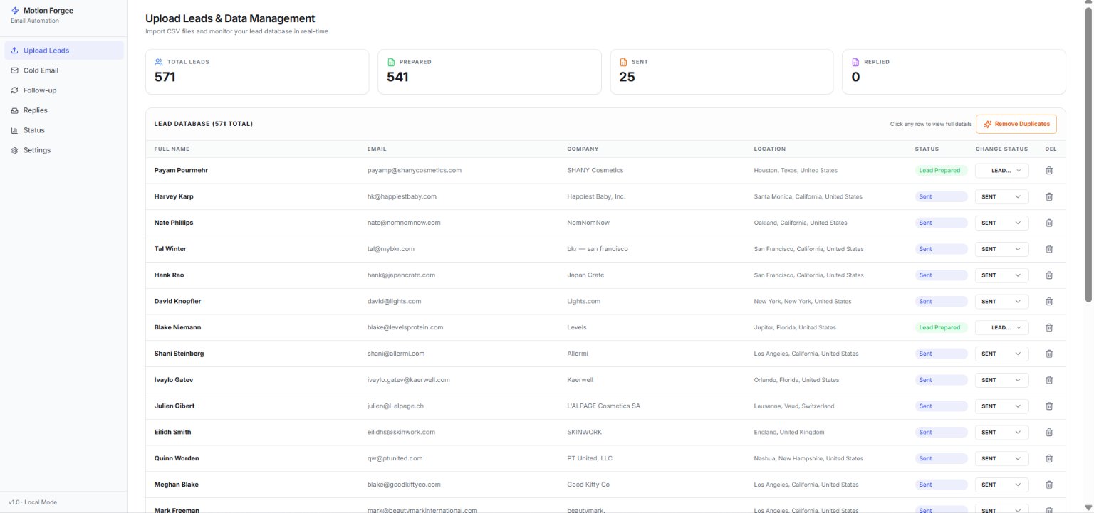 Motion Forgee lead database with 571 imported prospects