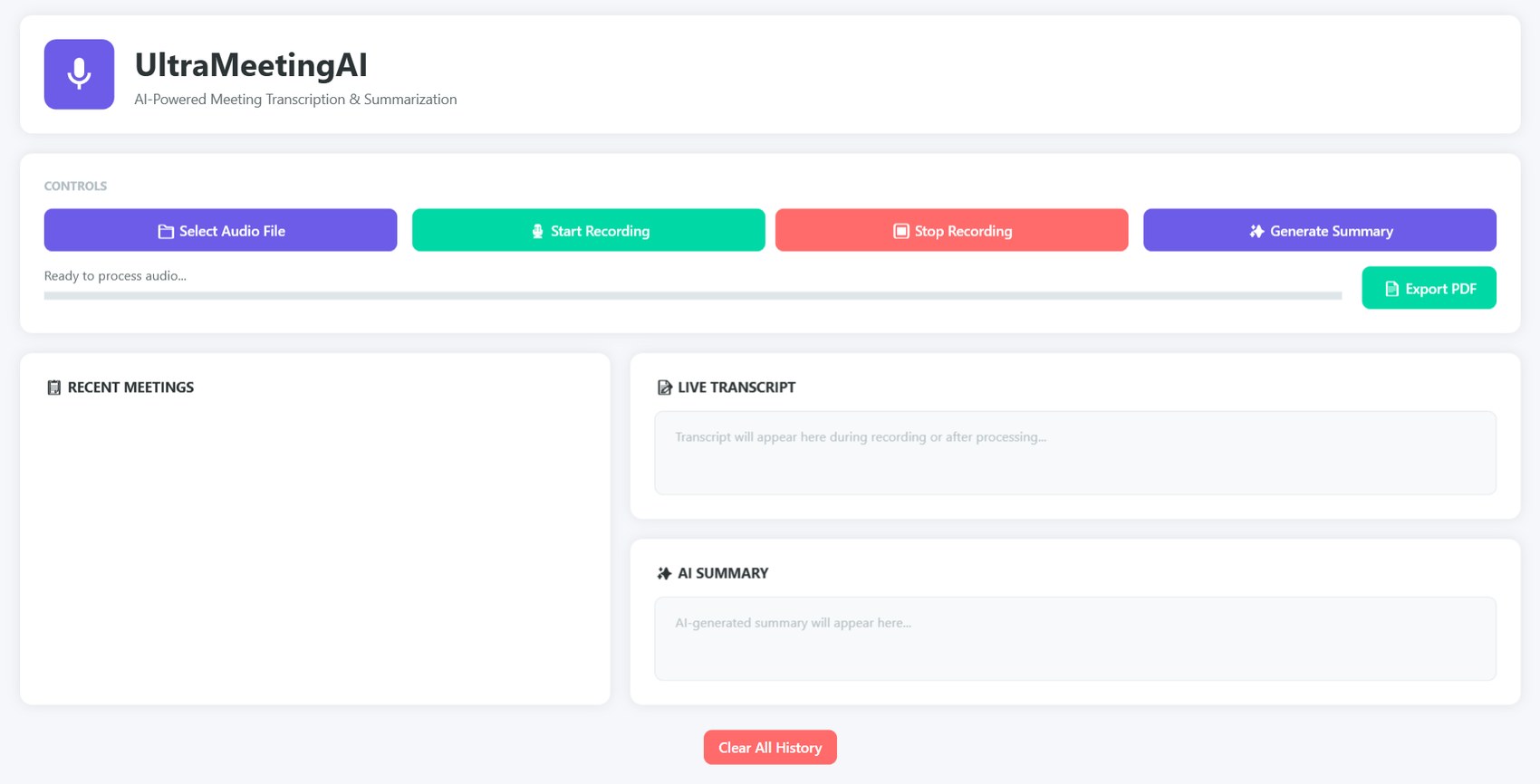 UltraMeetingAI dashboard showing recording controls, live transcript panel and AI summary panel