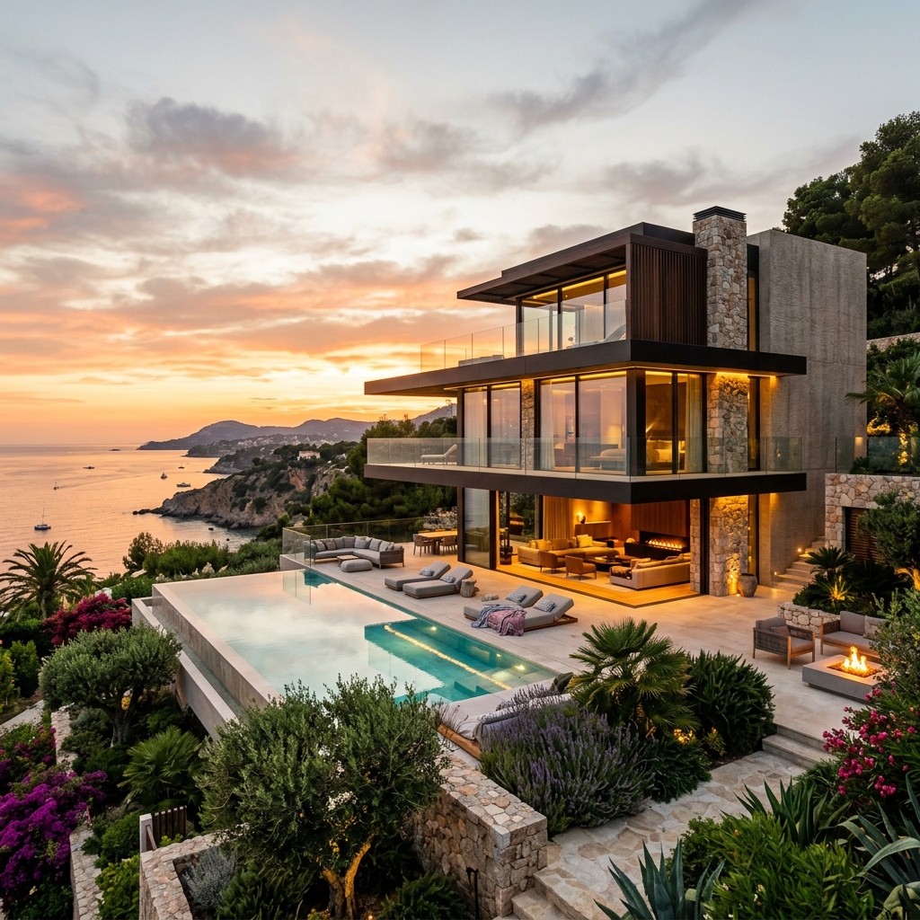 A three-storey stone and glass villa above a Mediterranean cove at sunset, infinity pool lit
