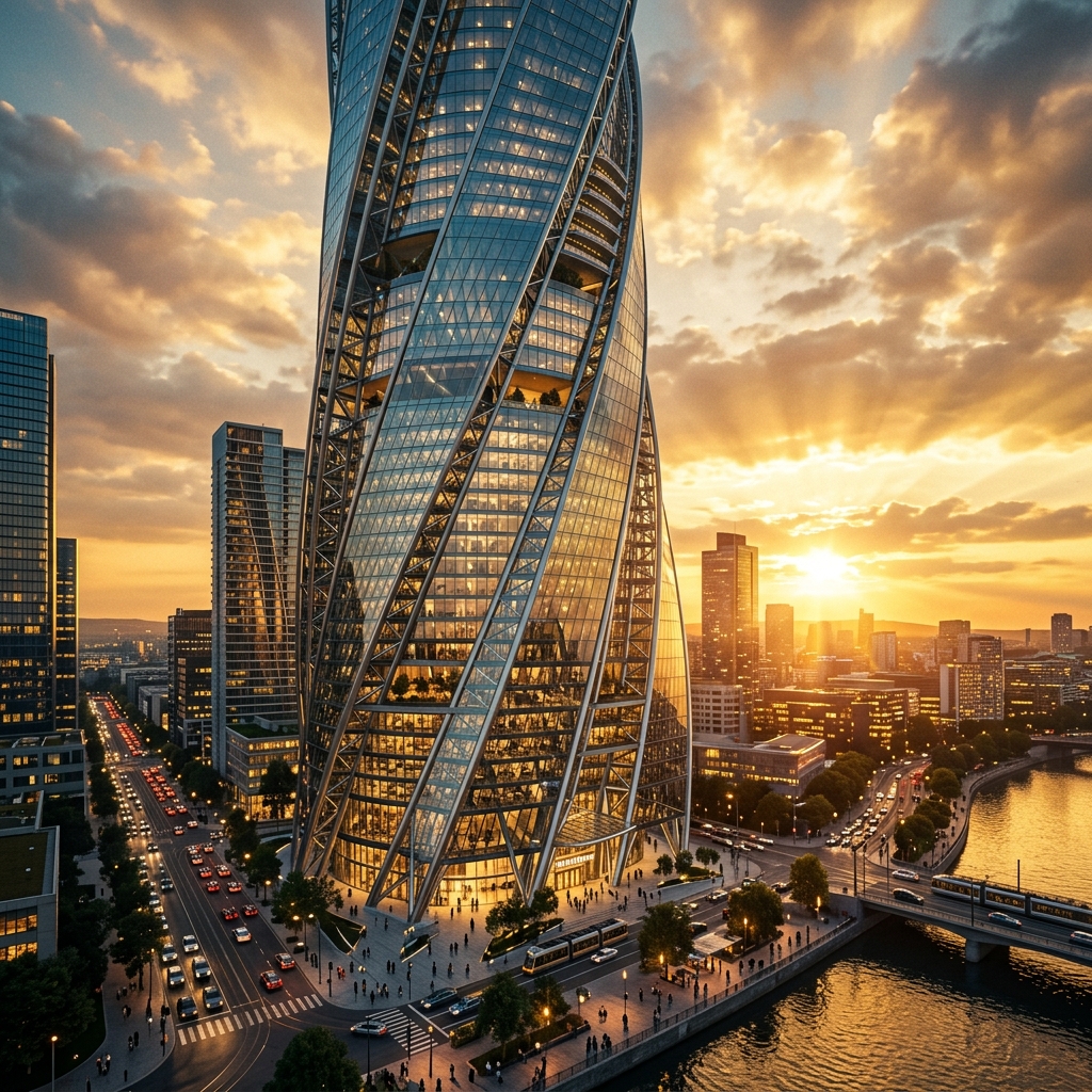 APEX's 410-metre twisted diagrid tower at golden hour above the river district