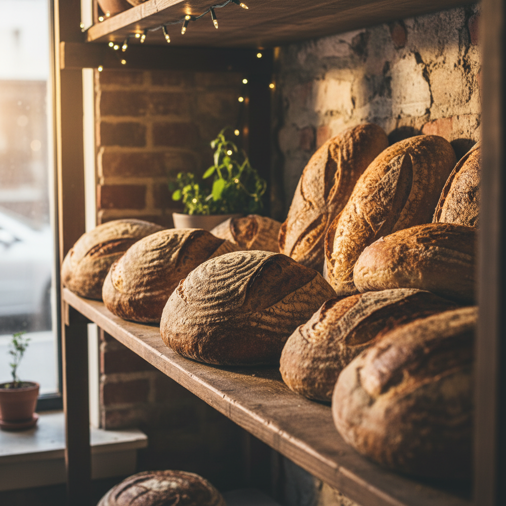 Sourdough loaves on shelf