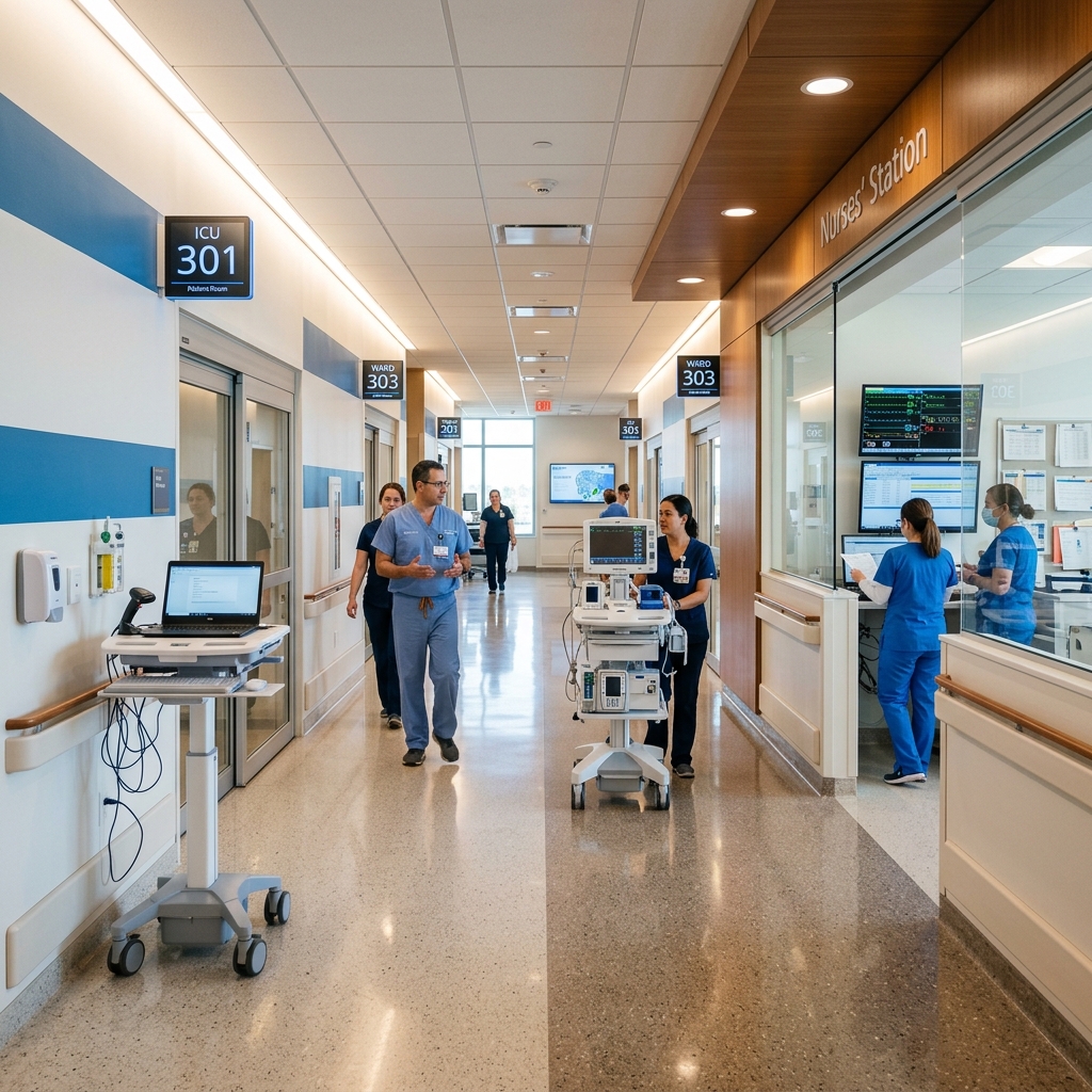 PULSE clinicians walking the ward, telemetry carts in the corridor
