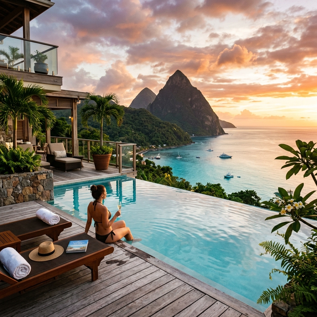 The HAVEN courtyard pool at dusk — champagne light on stone colonnades
