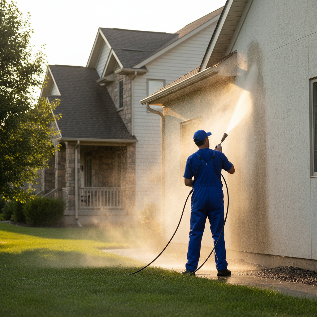 Technician pressure washing home exterior