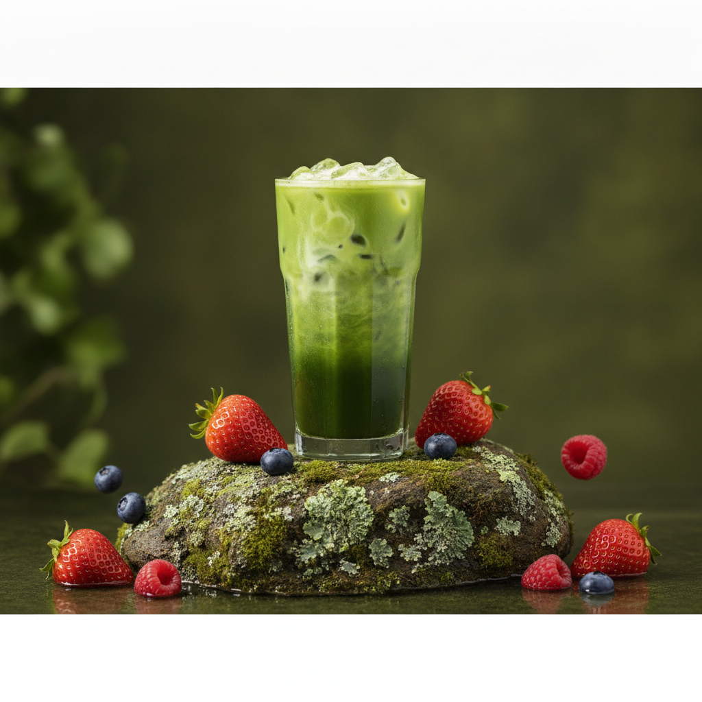 Layered iced matcha with floating berries
