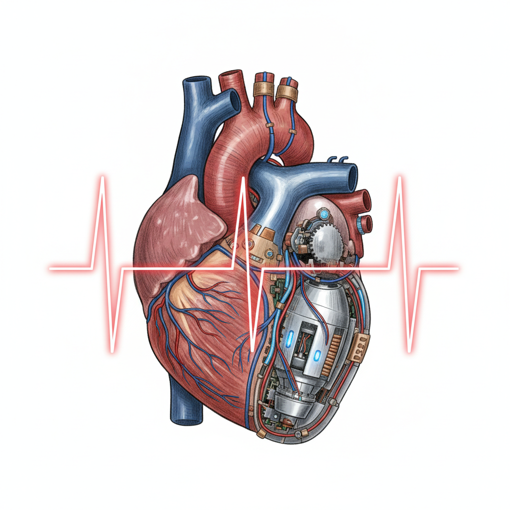 Anatomical heart — half real, half mechanical