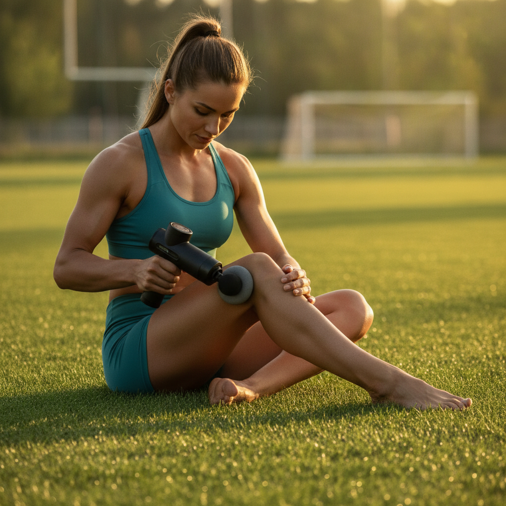 Athlete using PulseGear massage gun on field