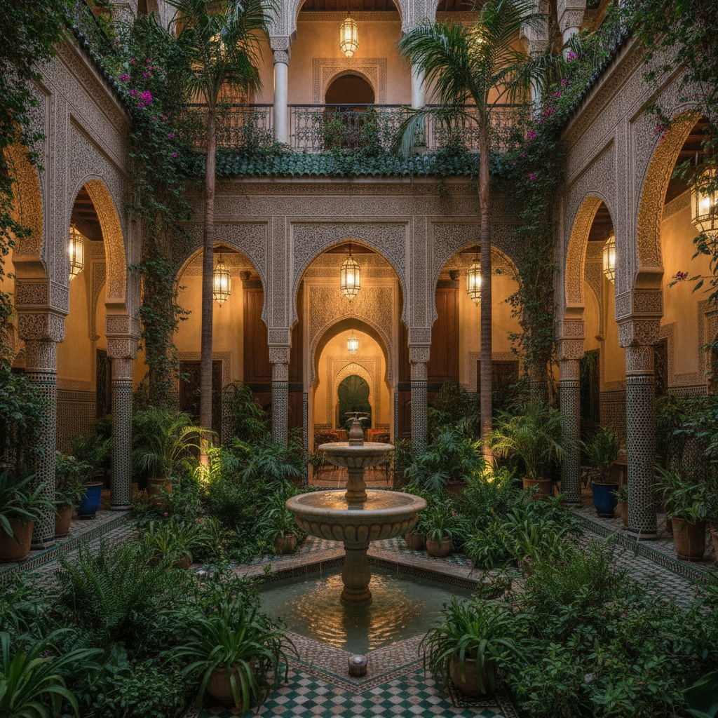 Riad Amara courtyard at dusk
