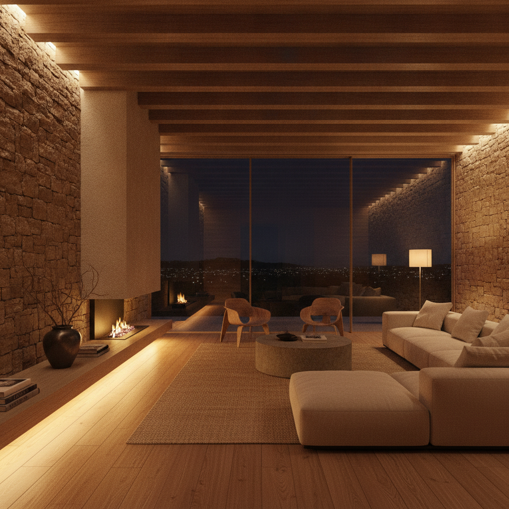 Villa interior at night